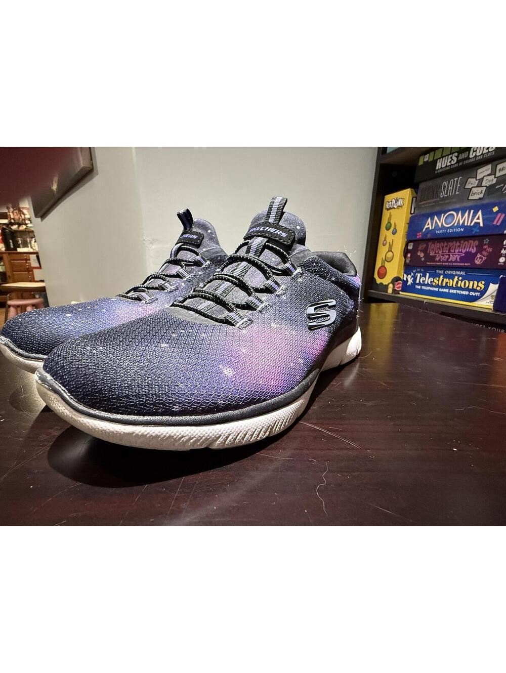 Skechers Women's 7.5 Galaxy Print Memory Foam Slip On Walking Shoes Black